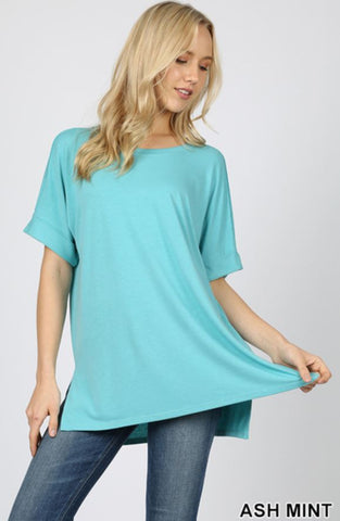 5453 1/4S Rolled R Neck HiLo Side Slit TOP in ASH MINT