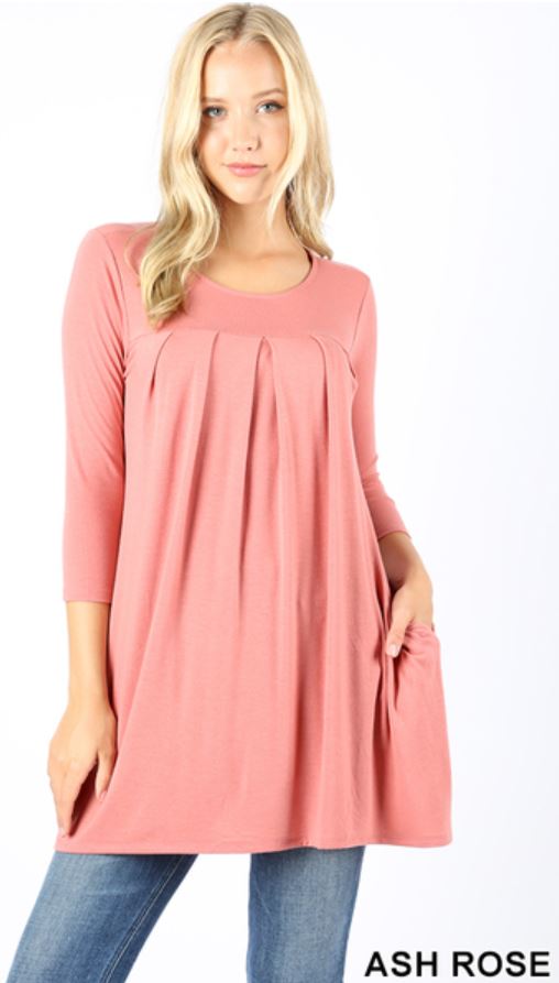 5589 3/4S R Neck Pleated TOP in ASH ROSE