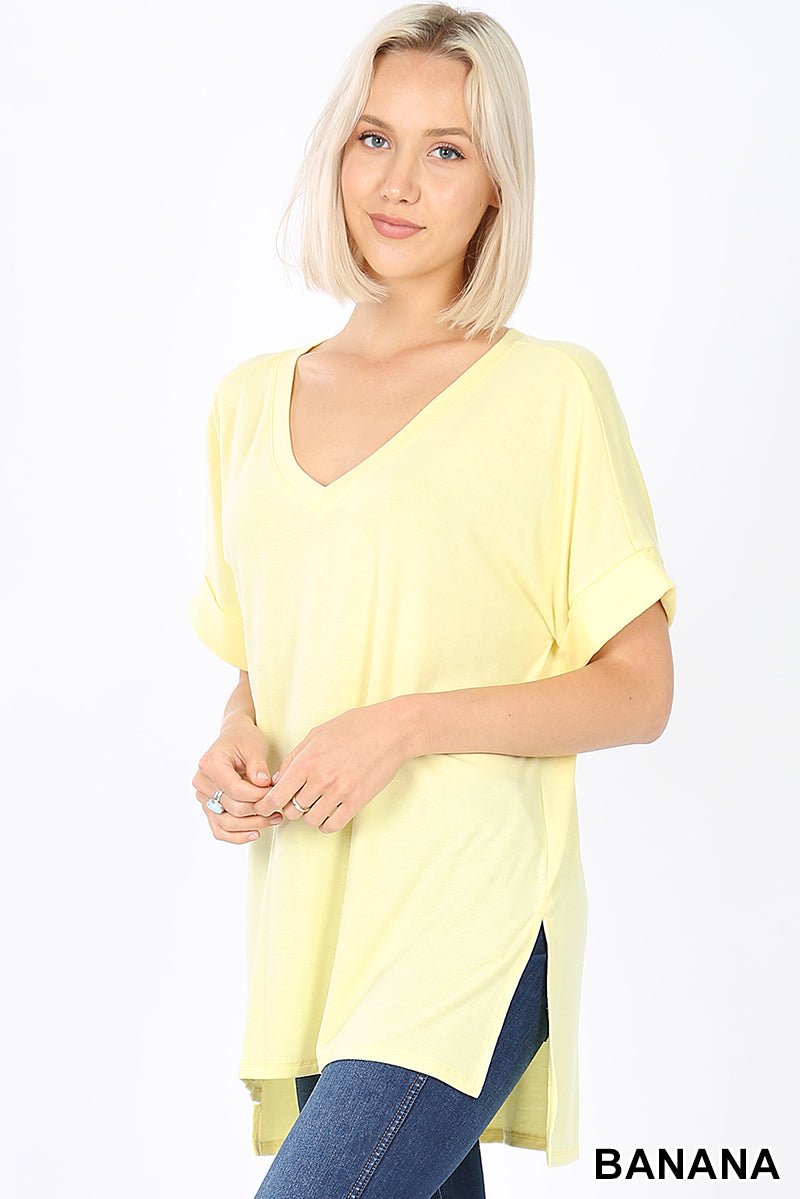 4882 1/4S Rolled V Neck HiLo Side Slit TOP in BANANA