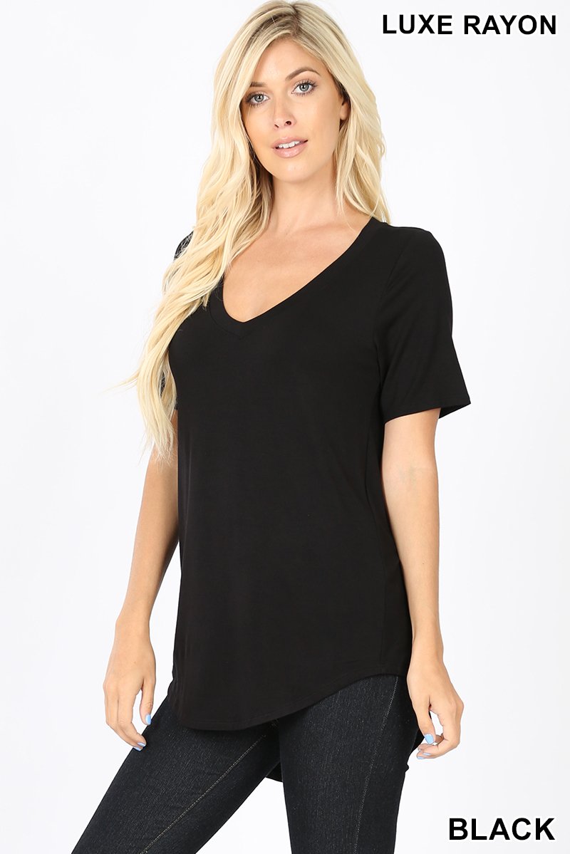 4471 1/4S V Neck HiLo Hem TOP in BLACK