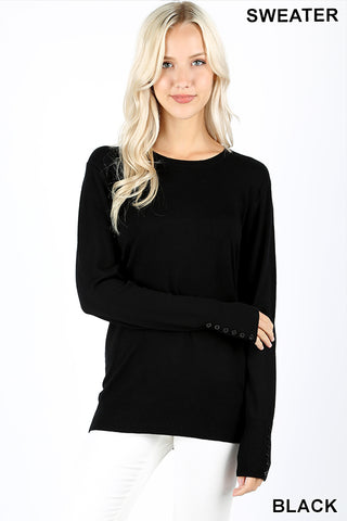 5220 Round Neck w/ Sleeve Button Detail SWEATER in BLACK