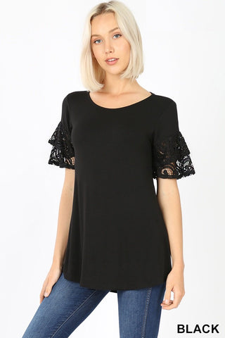 4501 1/4S Double Ruffle Lace Sleeve TOP in BLACK JV-E47B