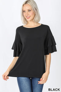 4274 1/4S Double Ruffle Sleeve TOP in BLACK JV-M2B