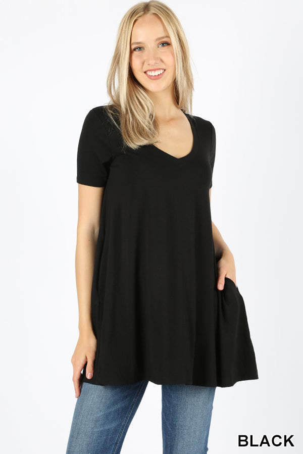 4239 1/4S V Neck Flared TOP w/ Pockets in BLACK JV-I32B