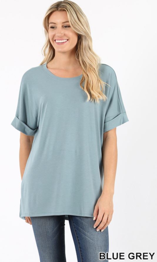 4627 1/4S Rolled R Neck HiLo Side Slit TOP in BLUE GREY