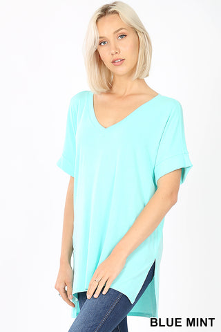 4857 1/4S Rolled V Neck HiLo Side Slit TOP in BLUE MINT
