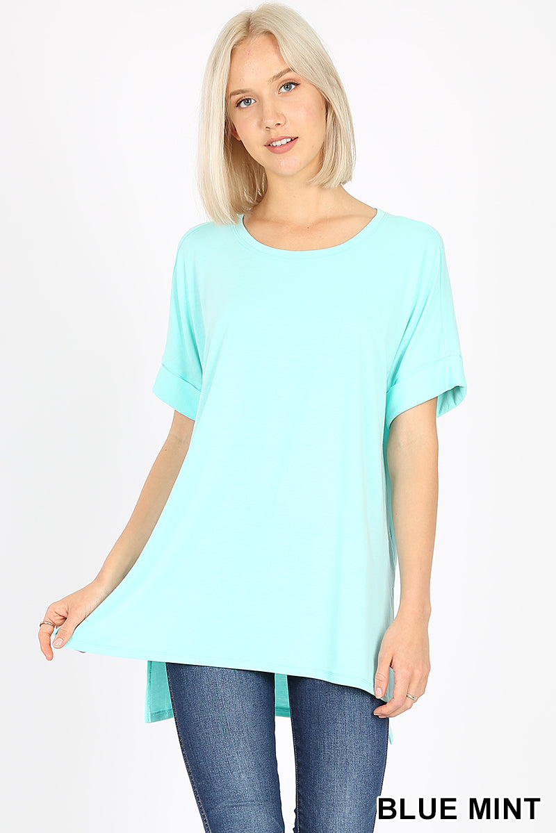 4232 1/4S Rolled R Neck HiLo Side Slit TOP in BLUE MINT