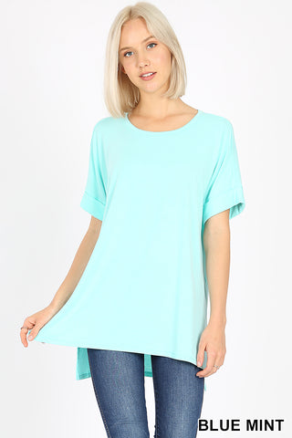4232 1/4S Rolled R Neck HiLo Side Slit TOP in BLUE MINT