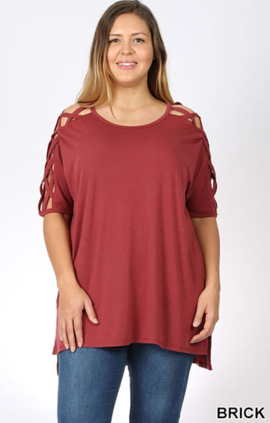 4675 1/4S Criss Cross Shoulder HiLo Hem TOP in BRICK