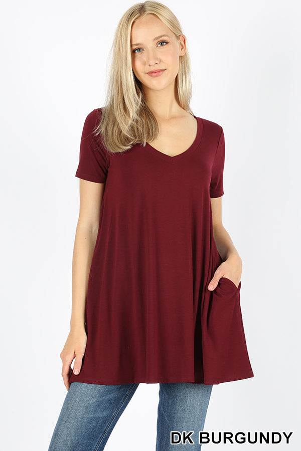 4737 1/4S V Neck Flared TOP w/ Pockets in DK BURGANDY