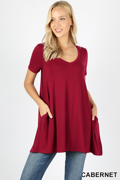 4731 1/4S V Neck Flared TOP w/ Pockets in CABERNET