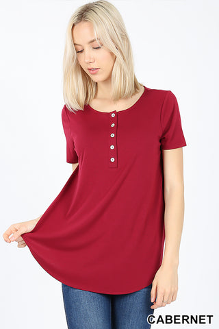 4538 1/4S Henley Shell Button TOP in CABERNET