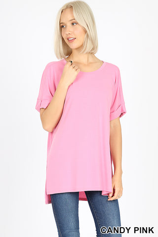4230 1/4S Rolled R Neck HiLo Side Slit TOP in CANDY PINK