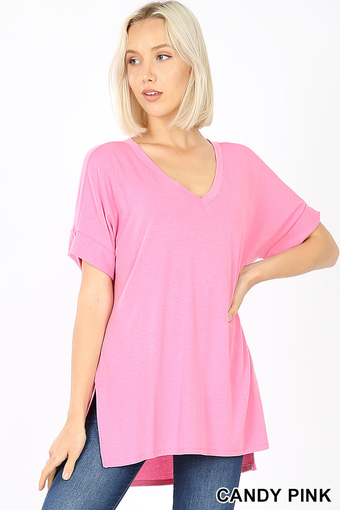 4858 1/4S Rolled V Neck HiLo Side Slit TOP in CANDY PINK
