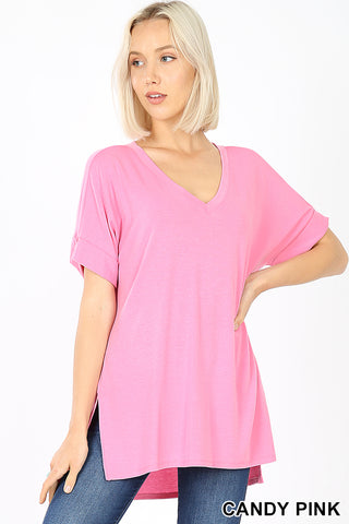 4858 1/4S Rolled V Neck HiLo Side Slit TOP in CANDY PINK