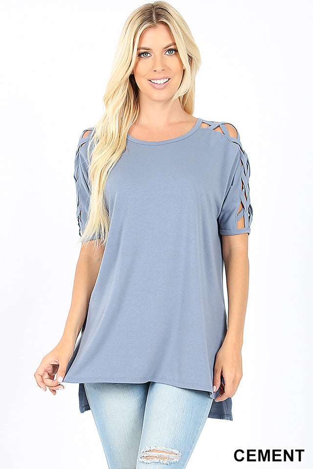 4877 1/4S Criss Cross Shoulder HiLo Hem TOP in CEMENT
