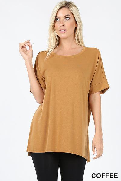 4741 1/4S Rolled R Neck HiLo Side Slit TOP in COFFEE