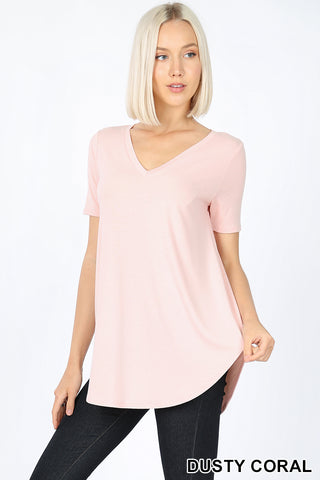 4891 1/4S V Neck Round Hem TOP in DUSTY CORAL