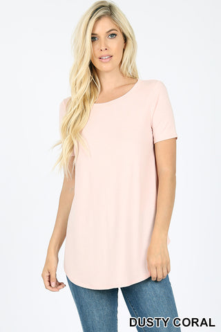 4863 1/4S Round Neck & Hem TOP in DUSTY CORAL