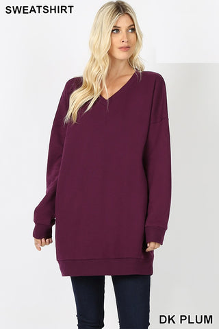 5718 4/4S OVZ V Neck SWEATSHIRT w PKTS in DK PLUM