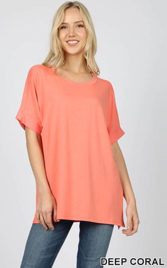 5455 1/4S Rolled R Neck HiLo Side Slit TOP in DEEP CORAL
