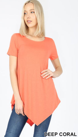 4989 1/4S Triangle Hem Boat Neck TOP in DEEP CORAL