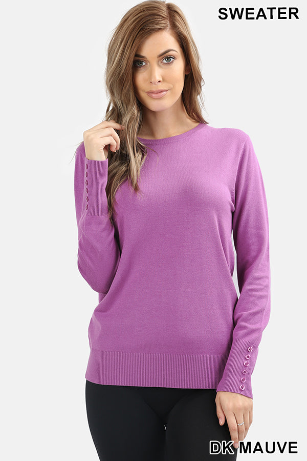 5225 Round Neck w/ Sleeve Button Detail SWEATER in DK MAUVE