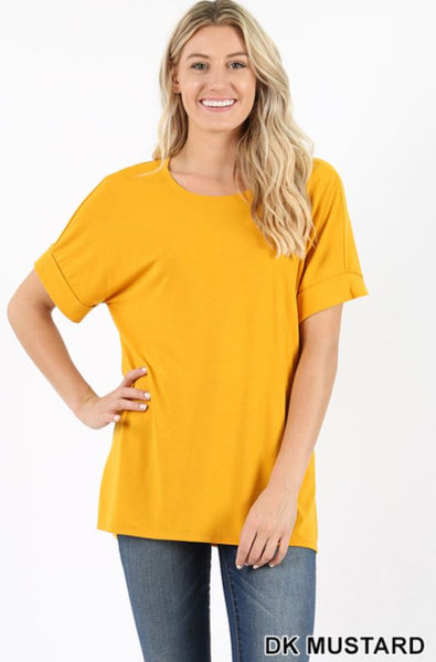 4683 1/4S Rolled R Neck HiLo Side Slit TOP in DK MUSTARD