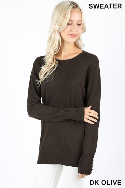5221 Round Neck w/ Sleeve Button Detail SWEATER in DK OLIVE