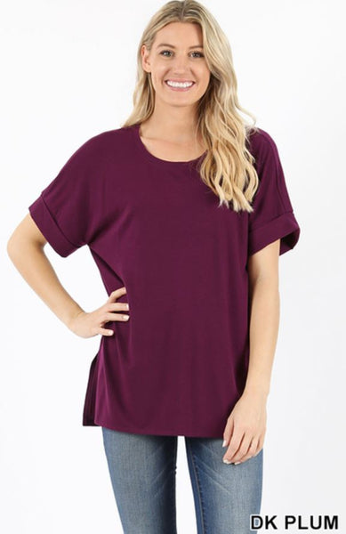 4684 1/4S Rolled R Neck HiLo Side Slit TOP in DK PLUM