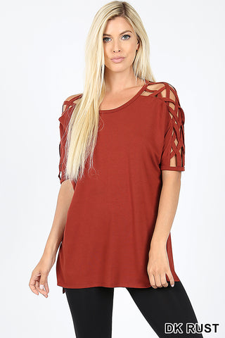 4834 1/4S Criss Cross Shoulder HiLo Hem TOP in DK RUST
