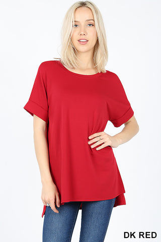 4776 1/4S Rolled R Neck HiLo Side Slit TOP in DK RED