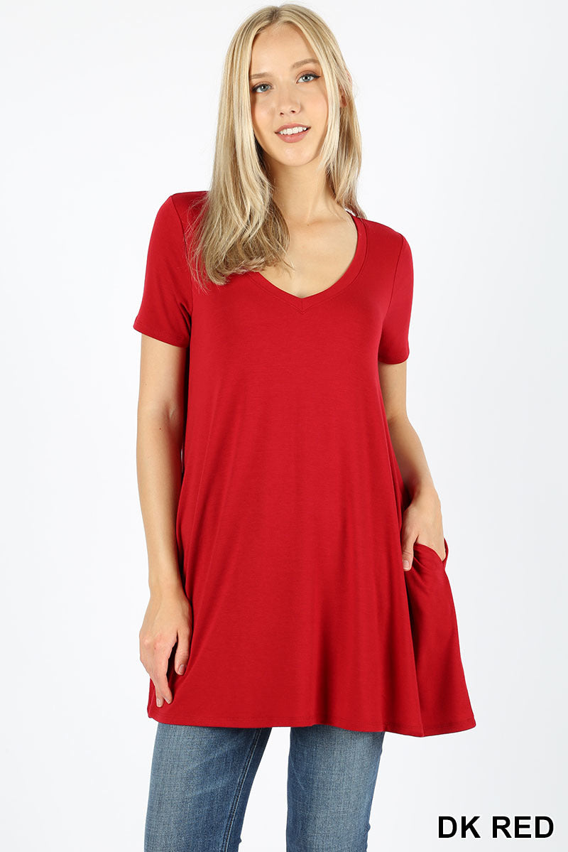 4795 1/4S V Neck Flared TOP w/ Pockets in DK RED