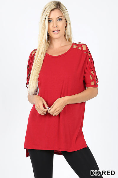 4833 1/4S Criss Cross Shoulder HiLo Hem TOP in DK RED