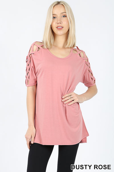 4836 1/4S Criss Cross Shoulder HiLo Hem TOP in DUSTY ROSE