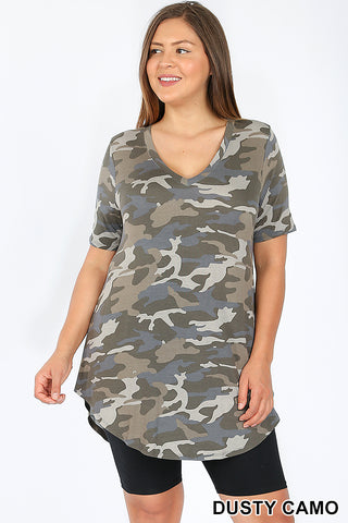 4845 1/4S V Neck Round Hem TOP in DUSTY CAMO