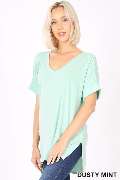 4852 1/4S Rolled V Neck HiLo Side Slit TOP in DUSTY MINT