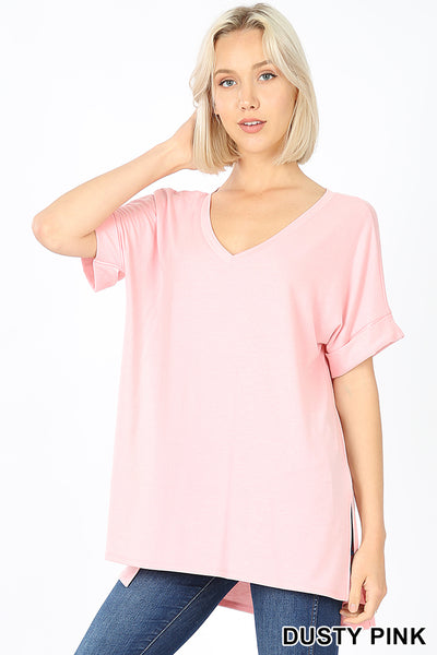 4855 1/4S Rolled V Neck HiLo Side Slit TOP in DUSTY PINK
