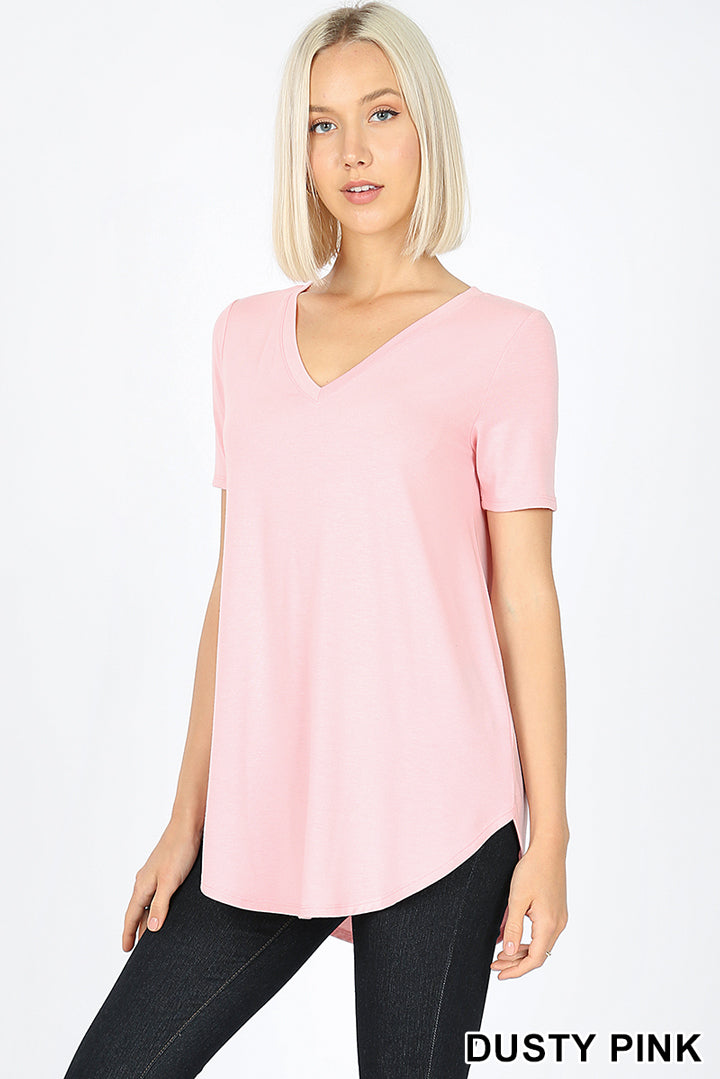 4893 1/4S V Neck Round Hem TOP in DUSTY PINK