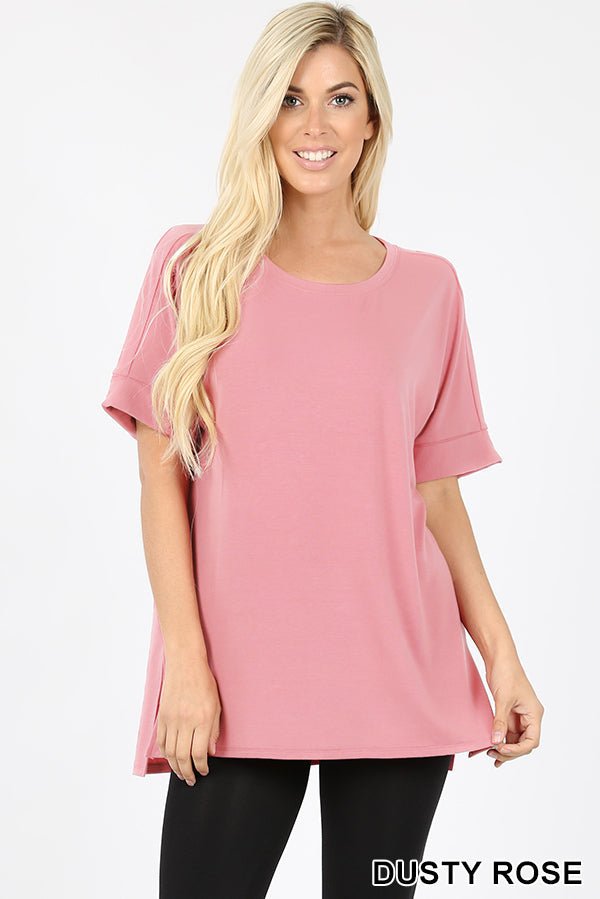 4740 1/4S Rolled R Neck HiLo Side Slit TOP in D ROSE