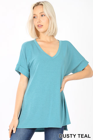 4854 1/4S Rolled V Neck HiLo Side Slit TOP in DUSTY TEAL