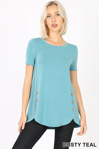 4885 1/4S Dolphin Hem w/ Side Buttons TOP in DUSTY TEAL-both