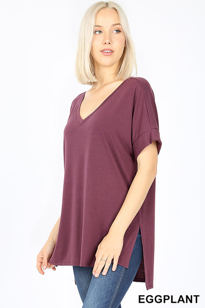 4879 1/4S Rolled V Neck HiLo Side Slit TOP in EGGPLANT