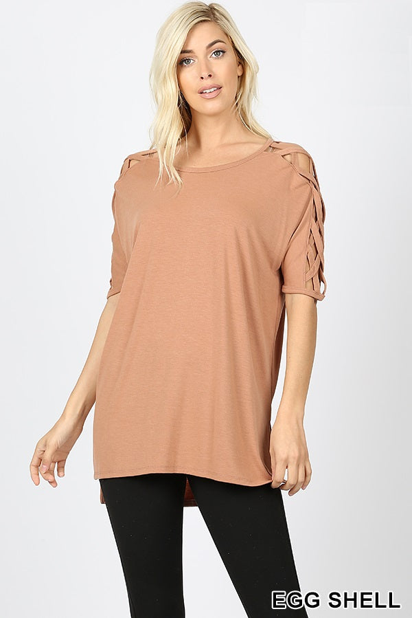4710 1/4S Criss Cross Shoulder HiLo Hem TOP in EGG SHELL
