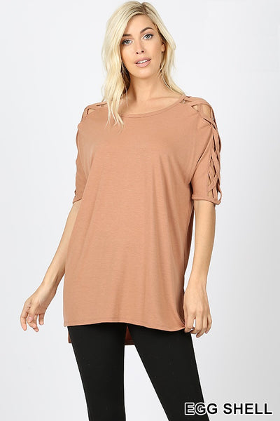 4710 1/4S Criss Cross Shoulder HiLo Hem TOP in EGG SHELL