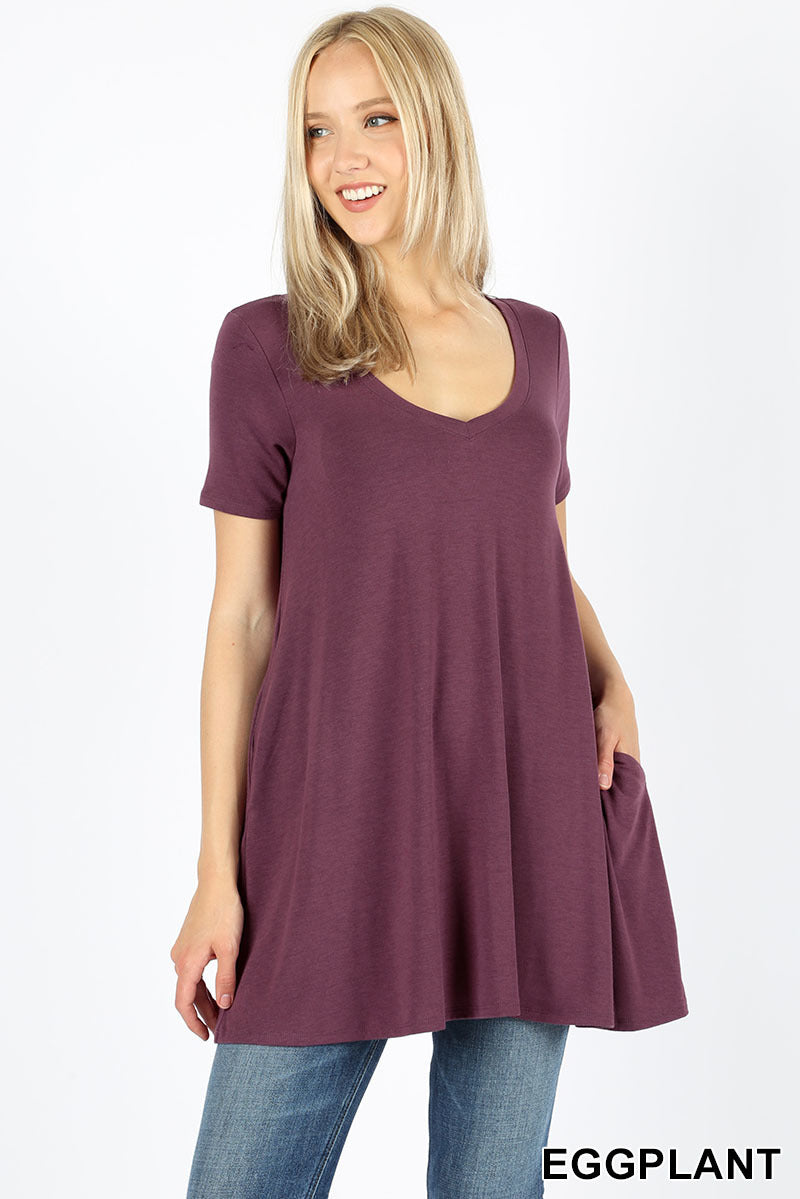 4734 1/4S V Neck Flared TOP w/ Pockets in EGGPLANT