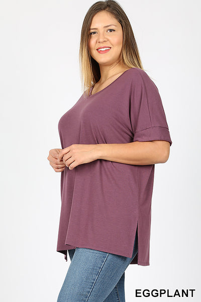 4742 1/4S Rolled R Neck HiLo Side Slit TOP in EGGPLANT