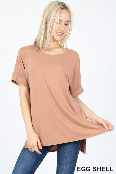 4777 1/4S Rolled R Neck HiLo Side Slit TOP in EGG SHELL