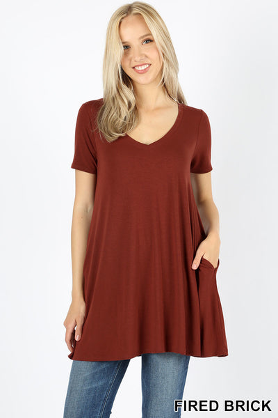 4733 1/4S V Neck Flared TOP w/ Pockets in FIRED BRICK