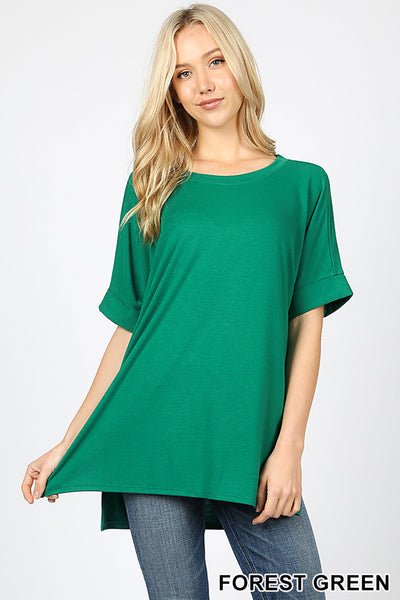 4231 1/4S Rolled R Neck HiLo Side Slit TOP in FOREST GREEN